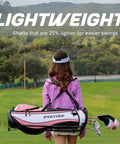 Kid Friendly Junior Golf Set For Ages 9 To 12 With Driver Irons Putter Bag Pink on girl's back in a field