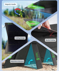 100W Portable Grab-And-Go Solar Panel With Adjustable Kickstand showing magnetic handle, folding design, and buckle folding. IP65 waterproof.