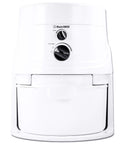 Front view of white high speed grain mill with 1200 watt motor delivers fresh flour fast no fuss milling quiet operation and 5 cups per minute output.