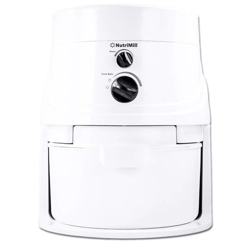Front view of white high speed grain mill with 1200 watt motor delivers fresh flour fast no fuss milling quiet operation and 5 cups per minute output.