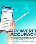 All In One Pool And Spa Water Test Kit With AI Powered App displayed with smartphone scanning test strip for accuracy.
