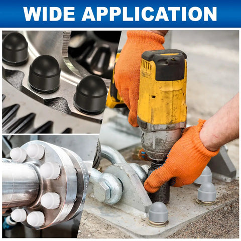 Six Pack Hex Nut Covers Fit M10 Bolts Like A Glove Hella Durable Plastic Screw Guards shown in use on various fasteners.