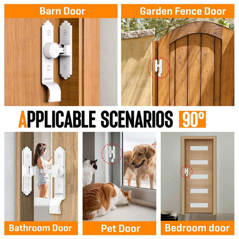 Built Tough Heavy Duty 90 And 180 Degree Barn Door Latch With Handle For Sliding Doors Ideal For Bathroom Bedroom Cabinets Garden Garage And Outdoor Use Zinc Alloy Hardware Weather Resistant Smooth Locking installation examples on various doors.