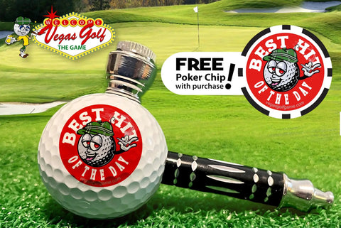 Real Golf Ball Pipe A Novelty Pipe For Golfers displayed with poker chip on a golf course, collector's item novelty gift.