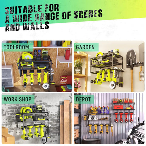 Heavy Duty Power Tool Organizer Wall Mount Rack With 3 Layers And 4 Drill Holders Floating Tool Shelf For Garage And Workshop Matte Black Finish 150 Pound Load Capacity