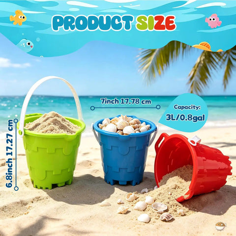 Jumbo Beach Sand Castle Buckets Set For Kids And Adults 7 Inch Large Sand Pails Thick Durable ABS Plastic Bath Toy Gift Bundle Includes Green Blue Red Colors For Outdoor Beach Fun on sandy beach