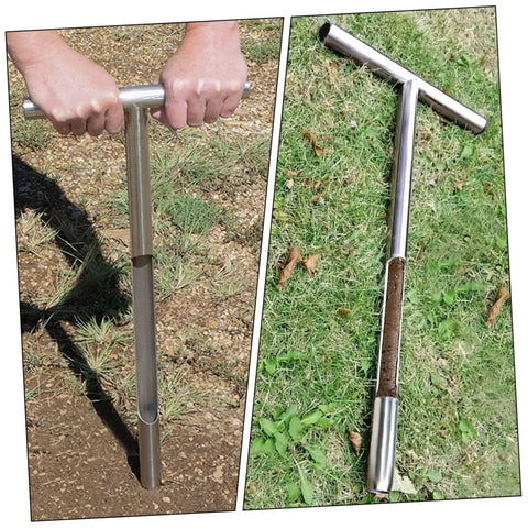 Stainless Steel Soil Sampler Probe With T-Handle for easy soil testing in garden, shows deformation-resistant design with soil sample.