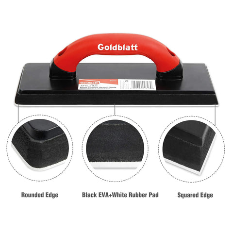 4 Inch By 12 Inch Grout Float For Tile With Molded Rubber Pad And Soft Grip Handle, showing red handle and black-white pad detail