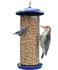 Blue Metal Mesh Bird Feeder With 360 Degree Easy Cling Mesh For Mixed Seed And Peanuts, 2 Quart Capacity with two birds feeding.