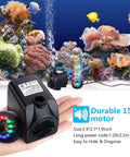 Submersible Fountain Pump With Bright LED Lights 220 GPH 15W in an aquarium with corals and colorful fish