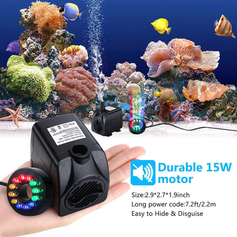 Submersible Fountain Pump With Bright LED Lights 220 GPH 15W in an aquarium with corals and colorful fish