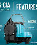 Compact Submersible Pump For Under Sink And Laundry Tray Systems With Integral Low Level Diaphragm Switch, 115V, One Third HP, 2760 GPH, Cast Iron Housing, Epoxy Coated, Non Clog Vortex Impeller, Blue, shown with feature labels on blue background