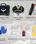Beast Mode Heavy Duty 1500Lb Magnetic Fishing Kit With Case Gift For Men showing magnet, rope, gloves, hook, scraper, threadlocker.