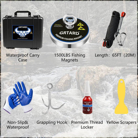 Beast Mode Heavy Duty 1500Lb Magnetic Fishing Kit With Case Gift For Men showing magnet, rope, gloves, hook, scraper, threadlocker.