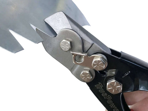 Close-up of 9-inch duct notcher tool for HVAC work, showing durable black and red finish and precise cutting mechanism.