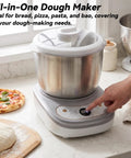 Heavy Duty Kitchen Game Changer Electric Dough Mixer With Auto Ferment Mode 7.4Qt Stainless Steel Bowl 250W Motor on countertop with dough and pizza.