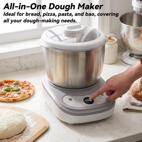 Heavy Duty Kitchen Game Changer Electric Dough Mixer With Auto Ferment Mode 7.4Qt Stainless Steel Bowl 250W Motor on countertop with dough and pizza.