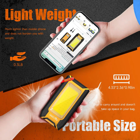 Two Pack Rechargeable LED Work Light With Magnetic COB Portable 40W 1500 Lumens demonstrating lightweight and portable size