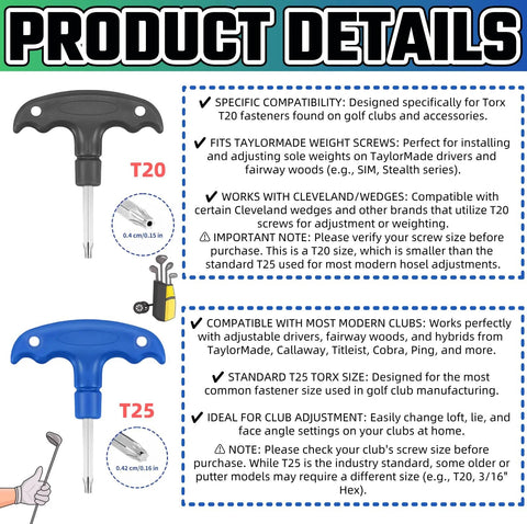 Front view of golf torque wrenches: black T20 and blue T25, 2-piece set