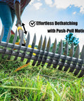 Heavy Duty Pro Grade Thatch Rake For Lawns 15 Inch Dual Action Dethatcher in use on grass, showing sharp blades.