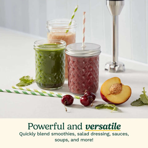 Smart Stick Variable Speed Hand Blender, 300 Watt Stainless Steel Immersion Mixer With Comfort Grip Handle, blending smoothies in jars.