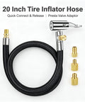 Heavy Duty 20 Inch Tire Inflator Hose With Self Locking Air Chuck Quick Release Button Fits Compressor Tools In Tight Spaces Support Schrader And Presta Valve Threads For Filling Jobs On Ride No Sweat Required For Daily Grind, braided black hose with metal chuck