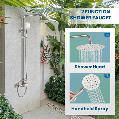Outdoor Shower System High Pressure Dual Function Wall Mount Rig, SUS304 Stainless Steel, Brushed Nickel Finish in garden