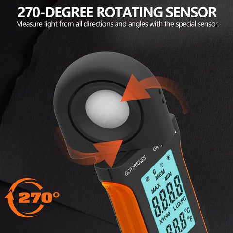 Illuminance Light Meter Digital Lux Meter 0.1 To 400000 Lux 270 Degree Rotatable Detector For Plants LED Grow Lights Indoor Outdoor For Photography And Home Use Pro Grade High Accuracy, 270° sensor close-up