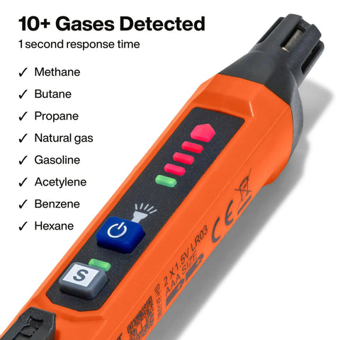 Gas Leak Detector With Wide 100 To 2000 Ppm Range, Audible Alerts And Bright LED Indicators showing detected gases list.