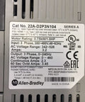 Workhorse PowerFlex 4 AC Drive 480V 3Phase 2.3A 0.75kW 1HP IP20 Industrial Variable Frequency Drive Controller For Motors And Equipment With DIN Rail Mount Easy Setup BuiltIn Protections label on gray unit