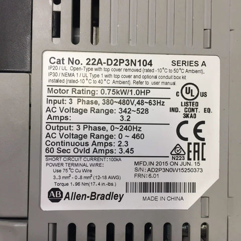 Workhorse PowerFlex 4 AC Drive 480V 3Phase 2.3A 0.75kW 1HP IP20 Industrial Variable Frequency Drive Controller For Motors And Equipment With DIN Rail Mount Easy Setup BuiltIn Protections label on gray unit