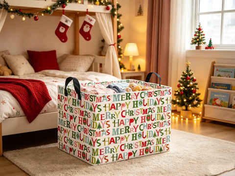 Slick Rectangular Storage Basket Waterproof Canvas Bin Collapsible Christmas Gift Organizer And Room Decor in festive bedroom setting.