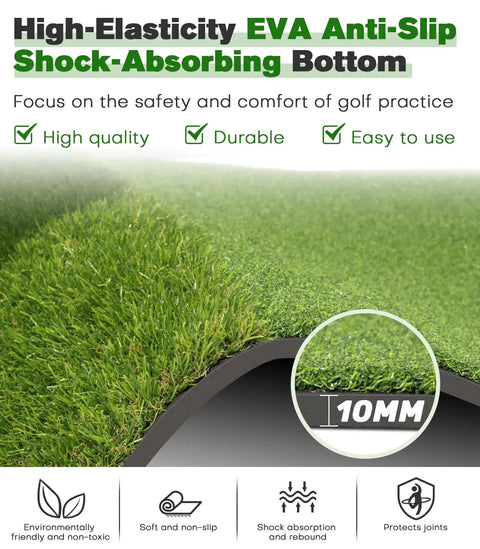 Close-up of Premium Dual Turf Golf Mat showing high-elasticity EVA anti-slip bottom and thick dual-turf sections for golf practice.