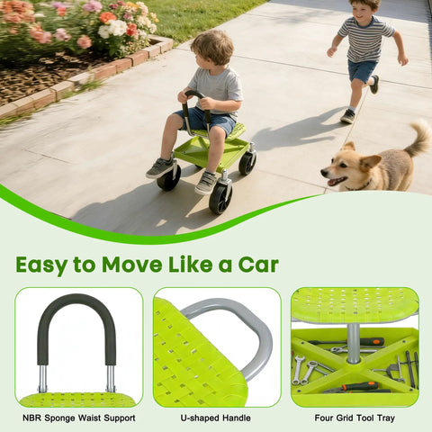 Child sitting on Swivel Garden Stool With 360 Degree Wheels And Height Adjustable Seat From 12.6 To 16.1 Inches Rolling Cart With Back Tool Pouch And Under Seat Tray, outdoors.