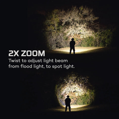 12K Lumen Flashlight With Built In USB Power Bank Beastly Brightness showing floodlight and spotlight modes on dark trail