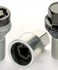 M14x1.5 Thread Size Cone Seat Lug Bolt Kit for 5 Lug Vehicles Includes 16 Heavy Duty Bolts 4 Locks 1 Key and Storage Pouch Cone Seat 60 Degree Design 57.5mm Length 17mm Hex Works With Steel or Aluminum Wheels Floating 2 Piece Safety Design shown with lug bolts and lock.