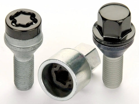 M14x1.5 Thread Size Cone Seat Lug Bolt Kit for 5 Lug Vehicles Includes 16 Heavy Duty Bolts 4 Locks 1 Key and Storage Pouch Cone Seat 60 Degree Design 57.5mm Length 17mm Hex Works With Steel or Aluminum Wheels Floating 2 Piece Safety Design shown with lug bolts and lock.