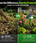 Solar Ultrasonic Animal Repellent 4 Pack With Motion Sensor And Flashlight IP65 Waterproof Outdoor Yard Deterrents For Deer Rabbits Raccoons And Cats No Go Zone Keeps Critters Away, garden before after