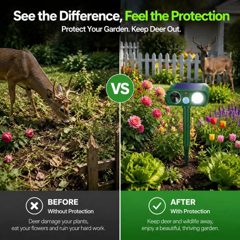 Solar Ultrasonic Animal Repellent 4 Pack With Motion Sensor And Flashlight IP65 Waterproof Outdoor Yard Deterrents For Deer Rabbits Raccoons And Cats No Go Zone Keeps Critters Away, garden before after