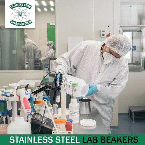 Scientist pouring liquid into Heavy Duty Stainless Steel Beaker With Pouring Rim Killer Heat Resistance Low Form Lab Vessel Built Tough Chemistry Mixing Cup Ready For Any Lab Grind Super Solid 32 Ml Size.