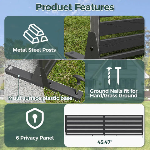 Product features of Six Panel Outdoor Privacy Screen Set with Freestanding HDPE Panels including metal steel posts and plastic base.