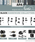 Black hardware collection including modern matte black front entry door handleset, knobs, levers, door stops, and hinges.