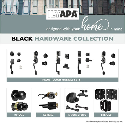 Black hardware collection including modern matte black front entry door handleset, knobs, levers, door stops, and hinges.