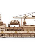 Research Vessel 3D Wooden Puzzle Kit For Adults, wooden ship model with crane and lifeboat, side view