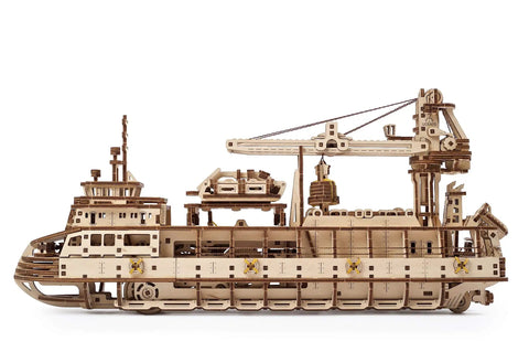 Research Vessel 3D Wooden Puzzle Kit For Adults, wooden ship model with crane and lifeboat, side view