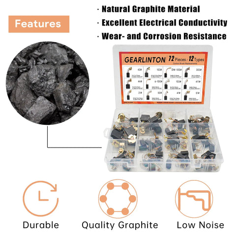 Electric Motor Carbon Brush Set For Power Tools Maintenance And Repair 72 Piece Pack In 12 Sizes with graphite illustration