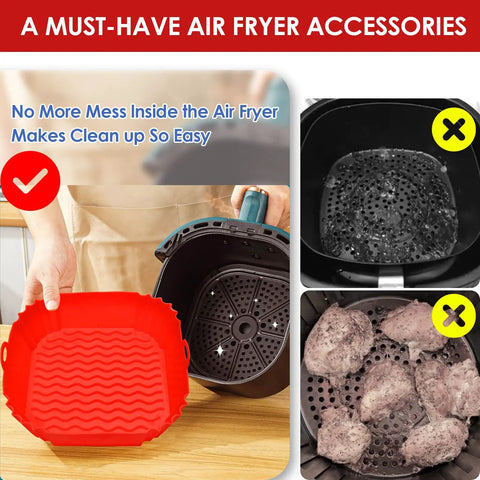 Square Red Silicone Air Fryer Liners 8 Inch Fits 4 To 6 Qt Reusable Nonstick Heat Resistant Up To 464F Dishwasher Safe