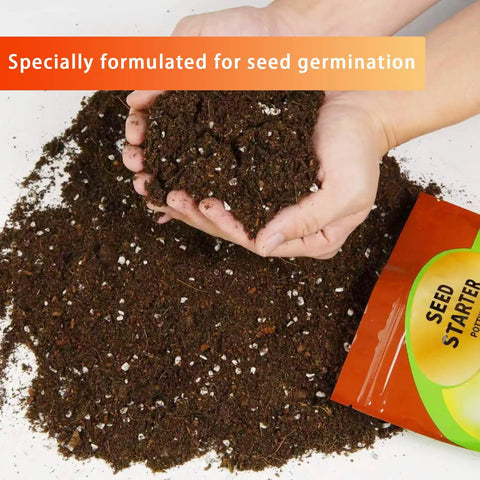 Hands holding Seed Starting Soil Mix 1qt Ready To Use For Seedlings, great for vegetables, flowers, houseplants and bonsai.