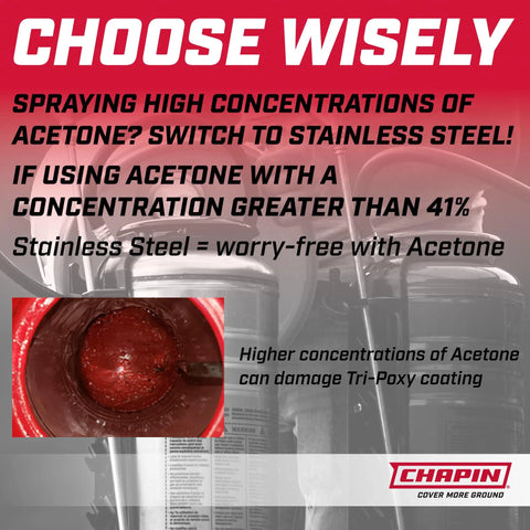 Image highlighting the risks of using high acetone concentrations with Pro Grade 3.5 Gallon Tri Poxy Open Head Sprayer.