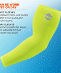 6690 Cooling Arm Sleeves with Performance Knit Lime XX Large, shown with text highlighting wet and dry usage benefits.
